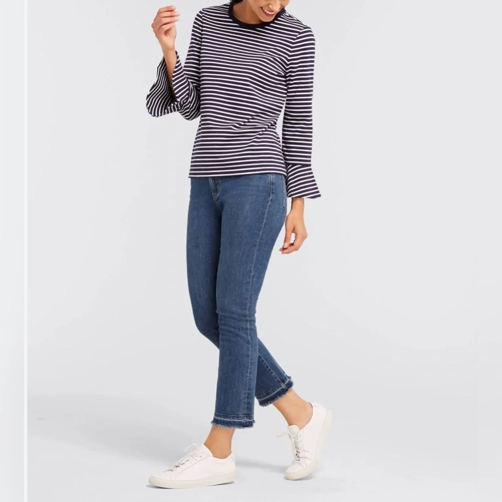 Draper James Sadler Navy and White Striped Long Sleeve Top with Bell Sleeves.